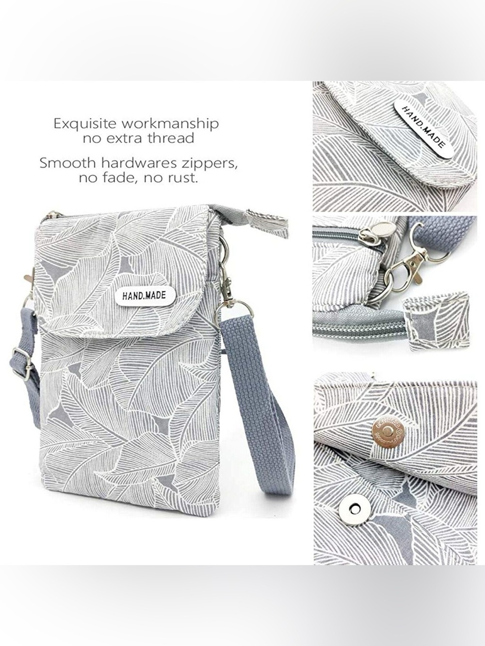 Hand Made Leaf Print Crossbody Phone Bag No Strap